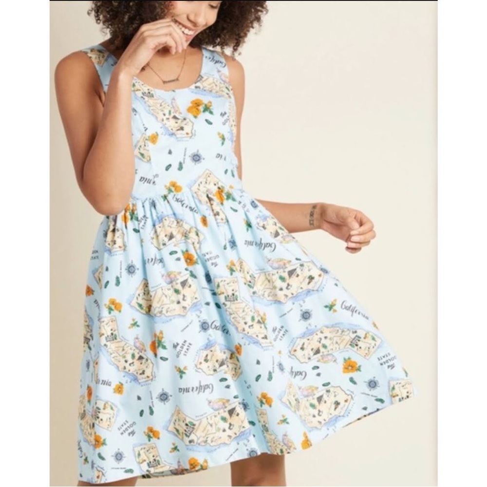 ModCloth The Golden State California Print Novelty Fit & Flare Dress Size S - Picture 1 of 7
